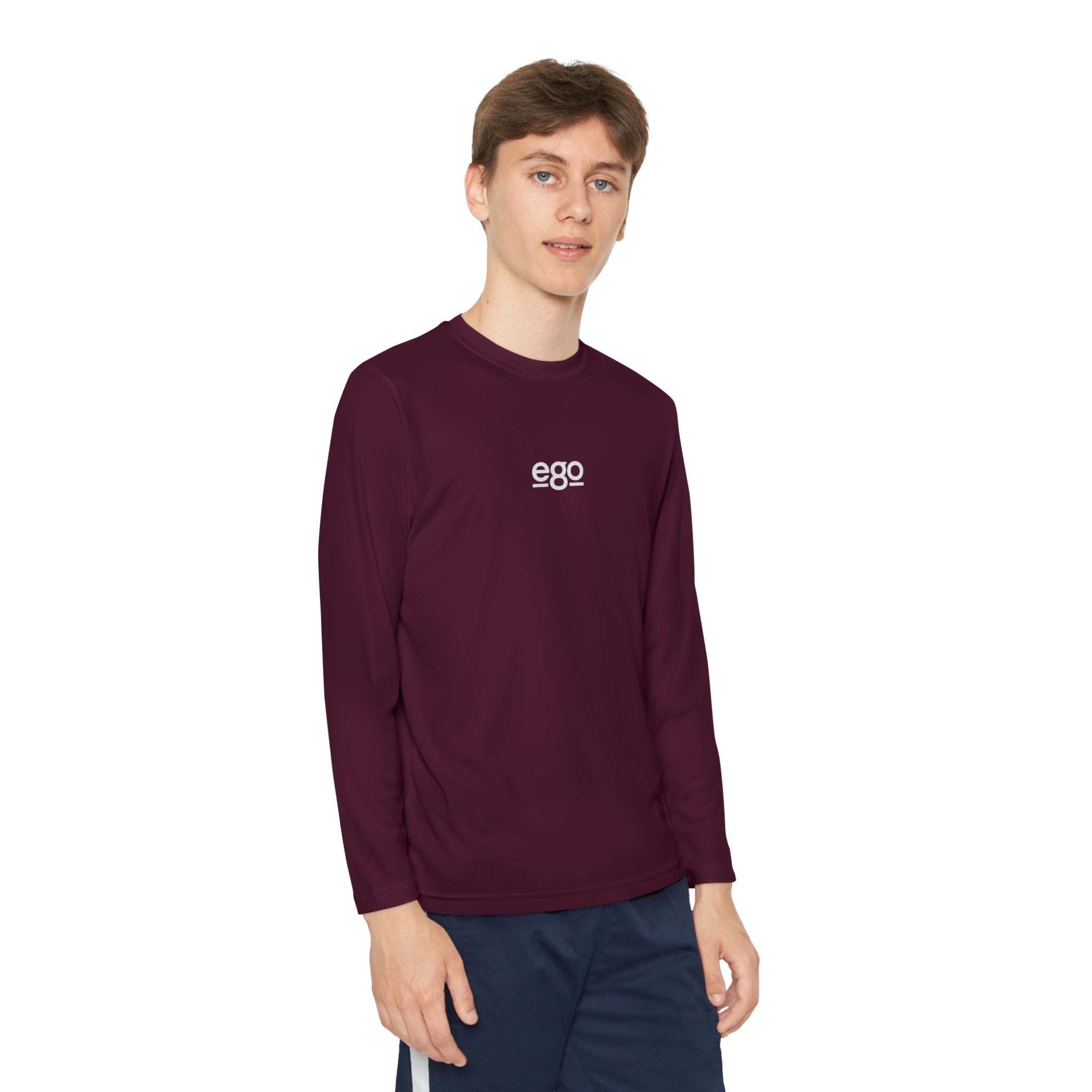 Youth Long Sleeve Stretch — Minimal "ego" Logo Performance Shirt