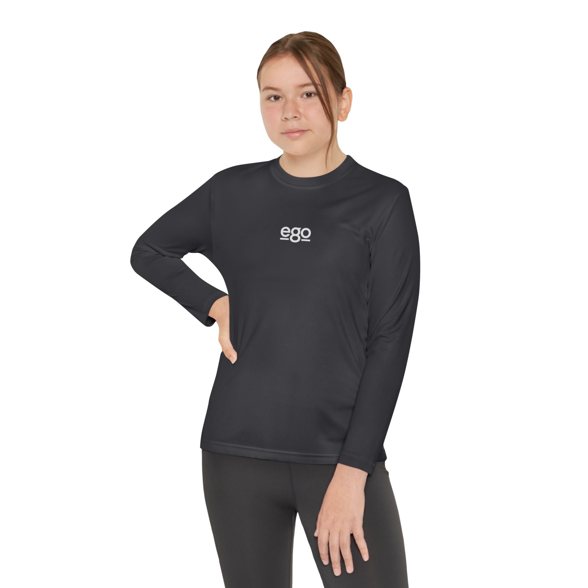 Youth Long Sleeve Stretch — Minimal "ego" Logo Performance Shirt