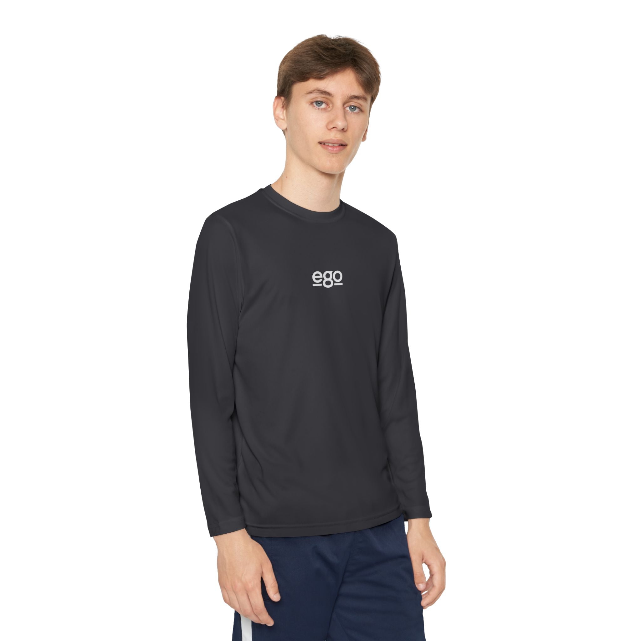 Youth Long Sleeve Stretch — Minimal "ego" Logo Performance Shirt
