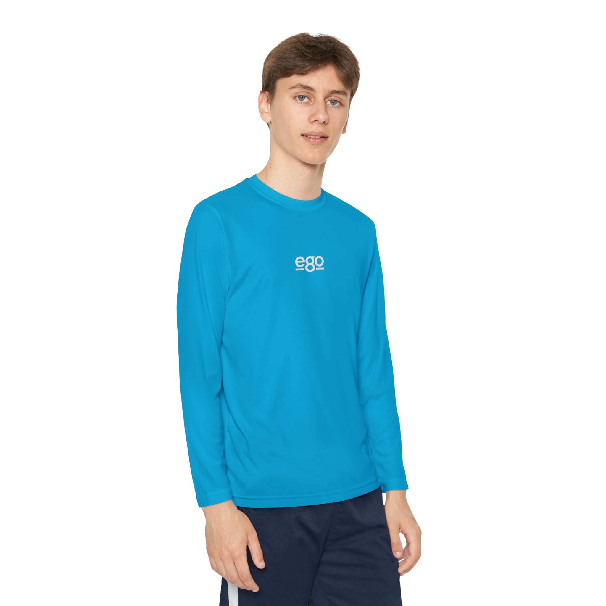 Youth Long Sleeve Stretch — Minimal "ego" Logo Performance Shirt