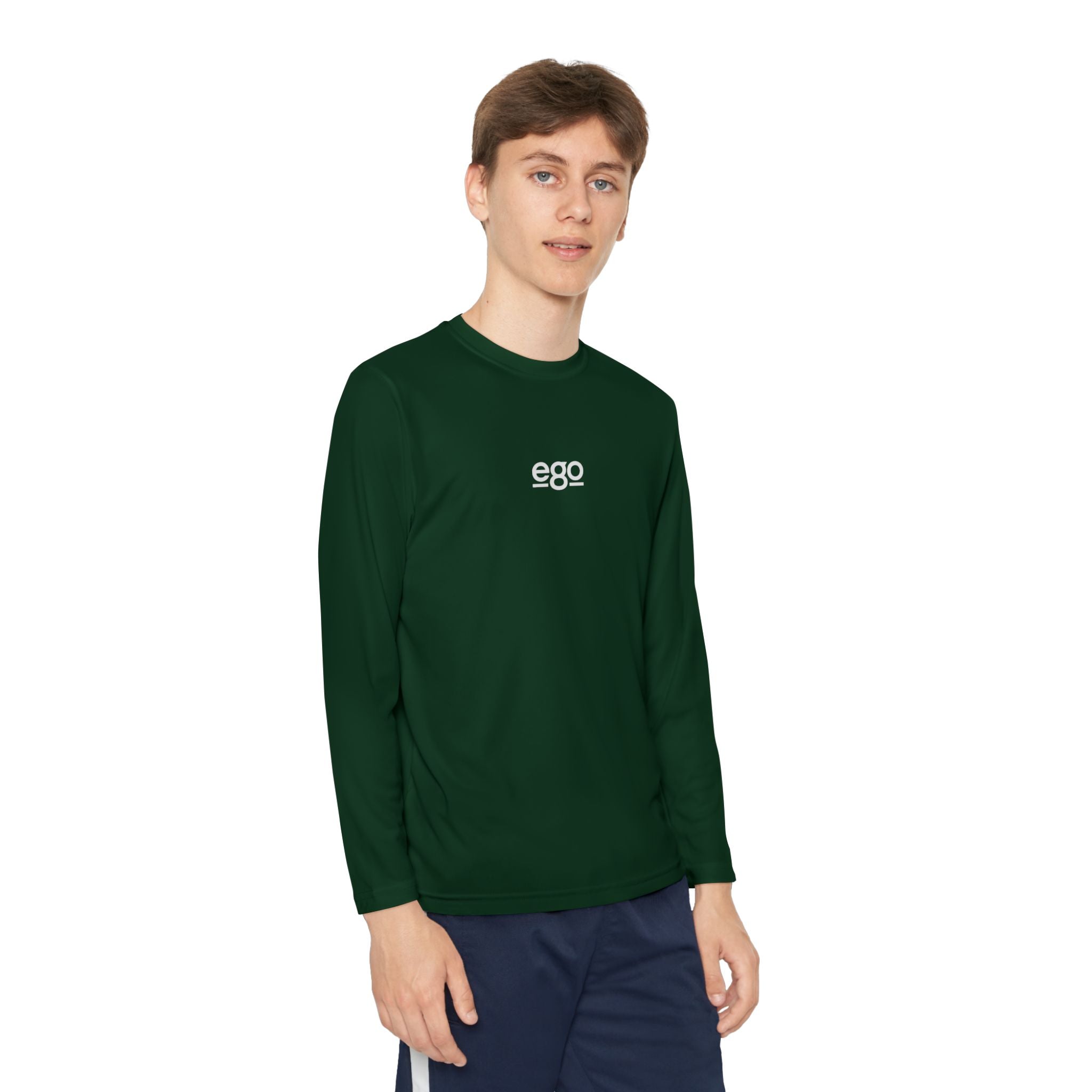 Youth Long Sleeve Stretch — Minimal "ego" Logo Performance Shirt