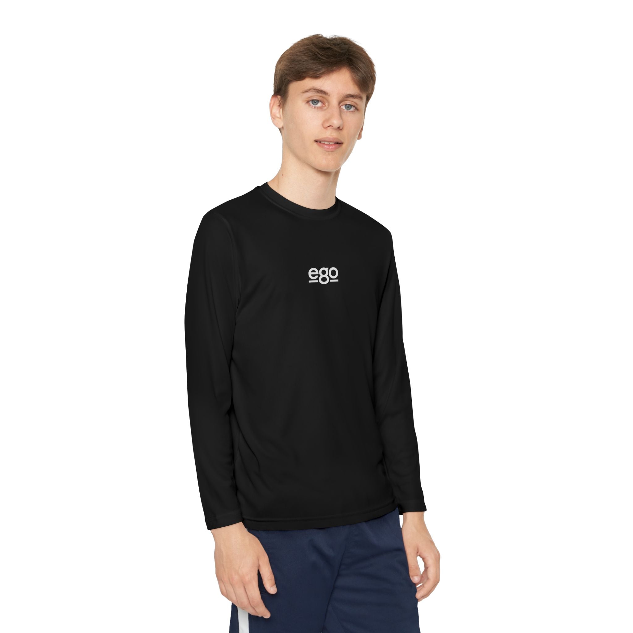 Youth Long Sleeve Stretch — Minimal "ego" Logo Performance Shirt