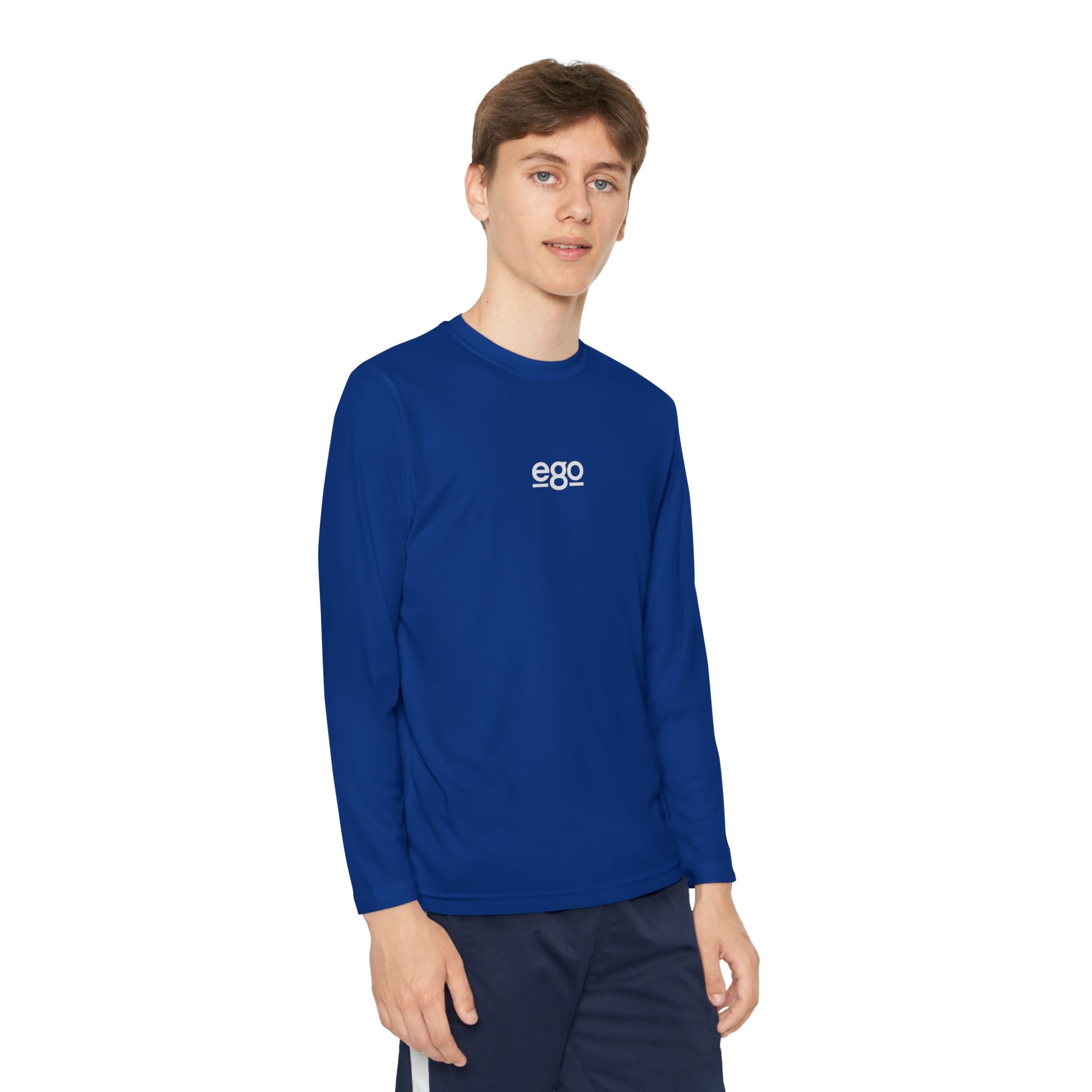 Youth Long Sleeve Stretch — Minimal "ego" Logo Performance Shirt